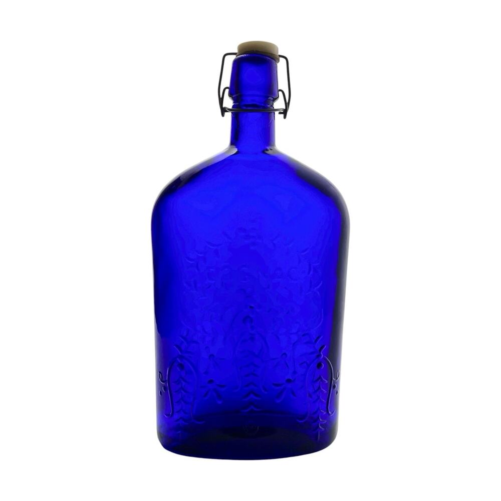1970s Vintage Cobalt Blue Glass “Cognac” Decanter Bottle 12” 25oz Bail Lid Italy